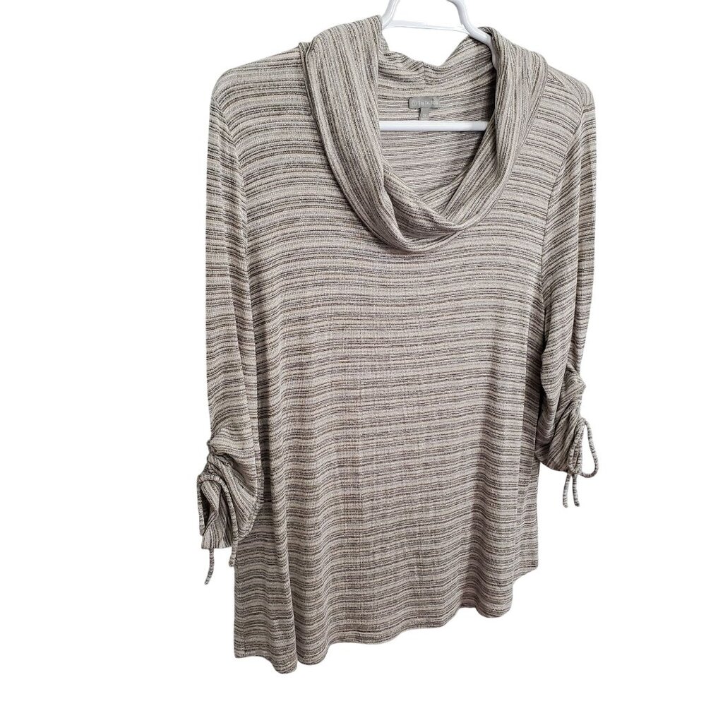T By Talbots 2X Sweater Striped Draped Cowl Neck Adjustable Sleeve Tie Soft Gold